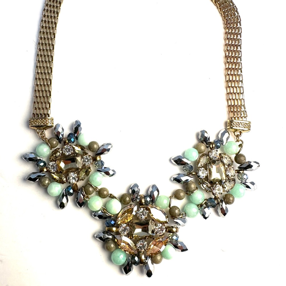 J Crew Gold Tone Statement Bib Necklace Green Amber Crystal Cluster Chain Floral
